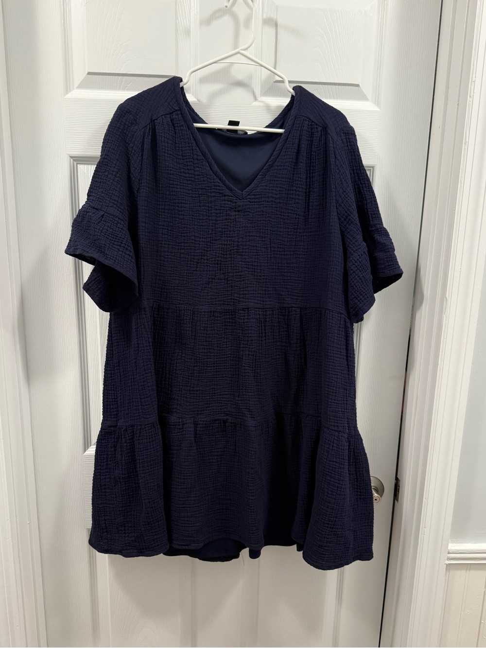 Perceptions Woman Navy Tiered V-Neck Textured Mini Dress 100% cotton size 2xl